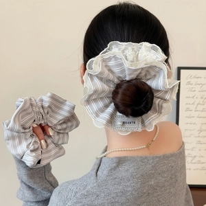 Elegant Striped Large Hair Scrunchie With Lace Edge And Faux Artificial Pearl Elegant Ponytail Holder Hair Accessory For Women
