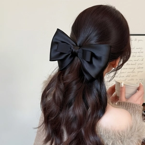 Elegante Grande Molletta per Capelli in Raso Nero con Fiocco per Donna Stile Francese a Doppio Strato Nastro Clip a Molla Accessori per Capelli