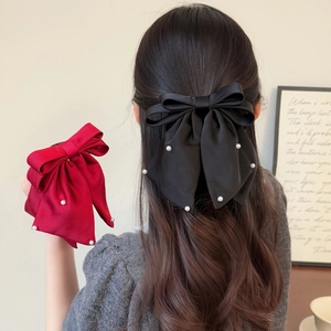 Elegant Satin Bow Hair Clip With Faux Artificial Pearl Large French Vintage Ponytail Clip Fashion Hair Accessories For Women Gift