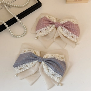 Elegant plaid lace bow hair clip with pearl pendant in soft pink and blue tones