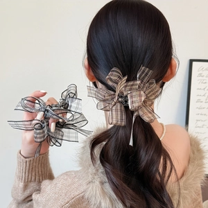 Korean Style Checkered Bow Scrunchies Organza Mesh Ribbon Hair Tie Fashion Elegant Mesh Ponytail Holder For Women Daily Hair Accessories