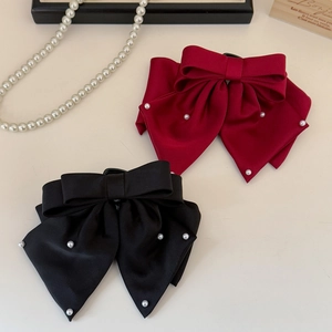 Elegant satin bow hair clips with pearls in red and black colors for women