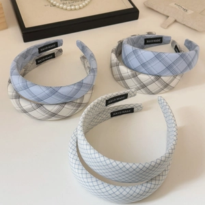 Padded plaid fabric headband set in light blue and beige colors for elegant hair styling
