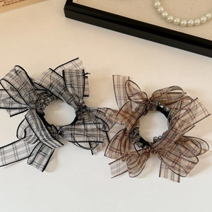 Set of two checkered bow hair scrunchies in black and brown organza with center beads