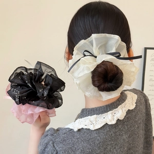 Grands Chouchous en Organza Douceur Française Élégants Élastiques en Maille Avec Fausse Künstliche Perle et Nœud pour Femmes Accessoires