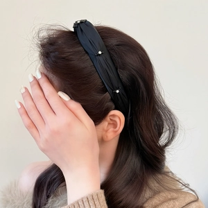French luxury black ruched sponge headband with elegant crystals for high cranial top hair look