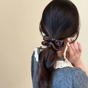 Leopard Print Ruffled Fabric Scrunchie With Bead High Elastic Ponytail Holder Korean Sweet Bun Hair Tie Fashion Hair Accessory