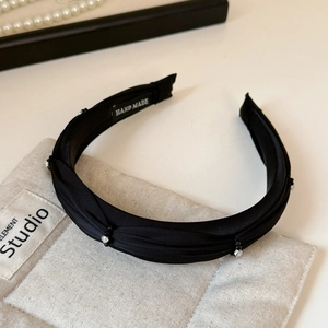French luxury pleated black headband with sponge padding and crystal beads