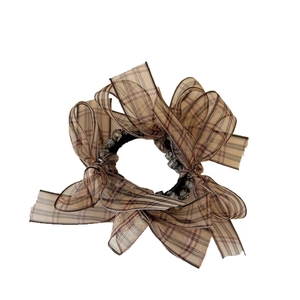 Korean style brown checkered ribbon bow scrunchie with sparkling crystal beads