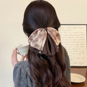 Fermaglio per Capelli a Fiocco Grande in Tessuto Marrone Vintage Francese per Donna Molletta a Strati in Chiffon Tie-Dye
