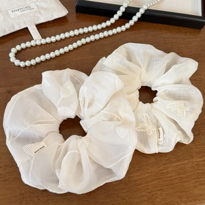 Elegant cream white organza scrunchies with delicate heart and butterfly embroidery