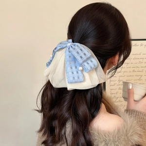 Blue plaid double-layer bow hair clip with pearls for women, back view hair accessory