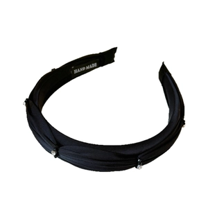 French luxury pleated sponge headband with black fabric crystals and handmade label