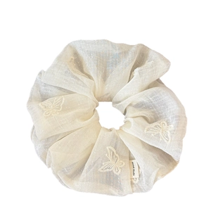 Elegant cream white organza scrunchie with delicate butterfly embroidery and handmade label