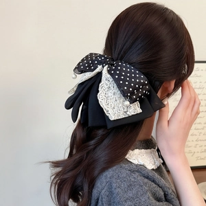Barrette à cheveux vintage avec nœud à pois, dentelle et perles pour queue de cheval
