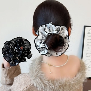 Élastique à Cheveux Scrunchie en Filet Floral Élégant Grand Élastique Double Couche Passepoil Contrasté Support de Queue de Cheval Femme Accessoires de Cheveux