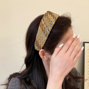 French retro wide tweed knitted headband in brown and blue for a high skull top effect