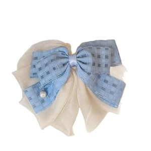 Elegant blue plaid bow hair claw clip with cream chiffon layer and pearl pendant