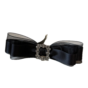 Elegant multi-layer black satin ribbon hair clip with a sparkling rhinestone buckle