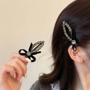Pince à Cheveux Bec de Canard Élégante avec Nœud en Velours Noir et Strass Style Coréen Épingle à Cheveux Douce pour Femme