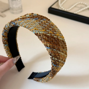 Wide tweed knit headband in brown and yellow vintage weave for high skull top hairstyle
