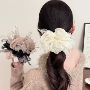 Grands Chouchous En Organza Pour Femmes Attaches De Cheveux En Maille De Dentelle Avec Künstliche Perle Style Français Pour Queue De Cheval