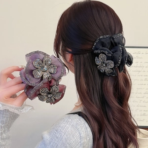 Elegant Rhinestone Flower Mesh Hair Claw Clip Handmade Bowknot Organza Shark Clip Sparkling Floral Hairpin For Women Daily Party