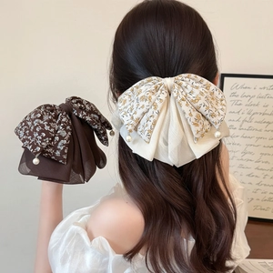French Vintage Floral Bow Hair Clip With Faux Artificial Pearl Pendants Elegant Double Layered Fabric Ponytail Claw Clip Women Jewelry