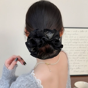 Elegant large black mesh hair scrunchie with pearls for women, stylish ponytail accessory