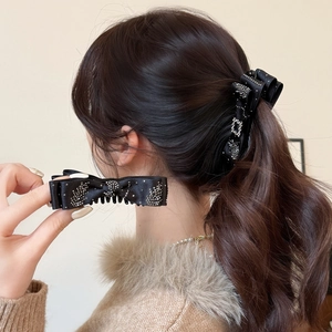 Elegant Bow Banana Clip For Women Luxurious Black Satin Fabric Rhinestone Embellished Vertical Hair Clip