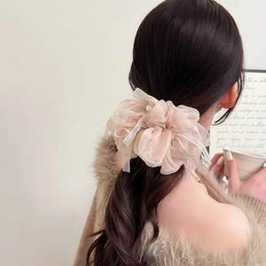 Chouchou en organza champagne avec bordure en dentelle et perle sur coiffure queue de cheval