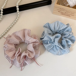 Set di elastici per capelli a scacchi rosa e blu con fiocchi in stile rustico francese