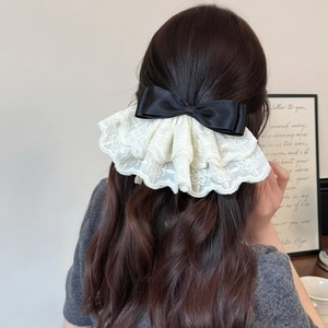 French Vintage Black Satin Bow Cream Lace Hair Clip Elegant Triple Layer Ribbon Spring Clip For Women Hair Accessories