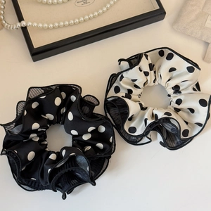 Polka-Dot Mesh-Haargummis Set in Schwarz-Weiß mit plissierten Tüllkanten und schickem Stil
