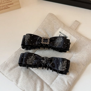 Set of 2 black satin bow banana clips with sparkling rhinestones for ponytail styling