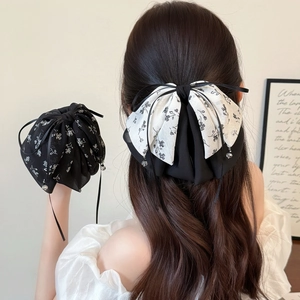 Pince à Cheveux Élégante avec Nœud en Tissu Floral pour Femmes Grande Barrette Nœud Double Couche Avec Gland en Perle Artificielle Accessoires Cheveux Doux