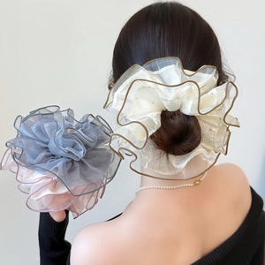 Elegant Organza Pleated Large Scrunchies With Rhinestones Sweet Fairy Hair Ties For Women Ponytail Accessories Gift
