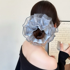 Elegant large grey organza scrunchie with pleated petal design for women's hairstyles