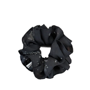 Elegant black tulle scrunchie with grey beads and layered fabric for women