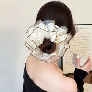 Detail of organza scrunchie with brown edging and sequins on a soft elegant bun