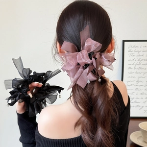 Elegant Bow Ribbon Mesh Large Scrunchie For Women Fashion Ponytail Holder Hair Ties With Bead Pendant Korean Hair Accessories