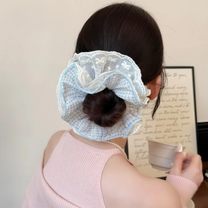 Korean style blue plaid scrunchie with white lace edges and floral embroidery for hair