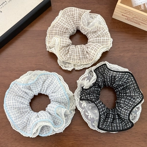 Three-piece plaid scrunchie set with white lace trim in blue beige and black colors