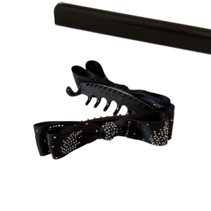 Elegant black satin bow banana hair clip with sparkling rhinestones for ponytail styling