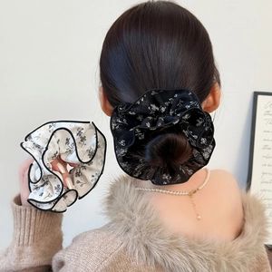 Chouchous en Maille à Imprimé Fleuri Style Coréen Grand Anneau de Cheveux Plissé Fait Main Support de Queue de Cheval pour Femmes Mode Accessoires