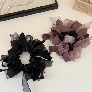 Elegant oversized layered ribbon scrunchies in black and dusty rose with beads