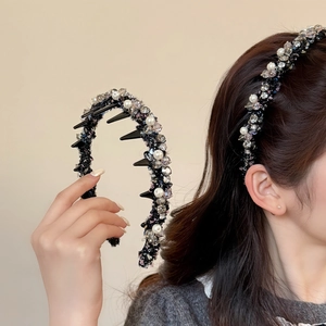 Vintage Black Tweed Headband With Artificial Pearls And Crystals Punk Style Spiked Hair Hoop Handmade Hair Accessories For Women