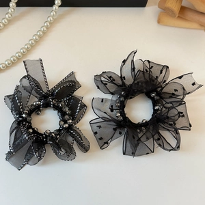 Elegant set of black mesh bow scrunchies with white stripes and silver beaded accents