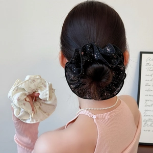Korean Style Double Layer Lace Floral Print Scrunchies Large Hair Ring High Elastic Ponytail Holder For Women Daily Decor