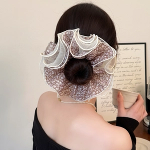 Floral Print Mesh Large Scrunchie For Women Elegant Ruffle Edge Hair Tie Ponytail Holder Handmade Hair Accessories Gift
